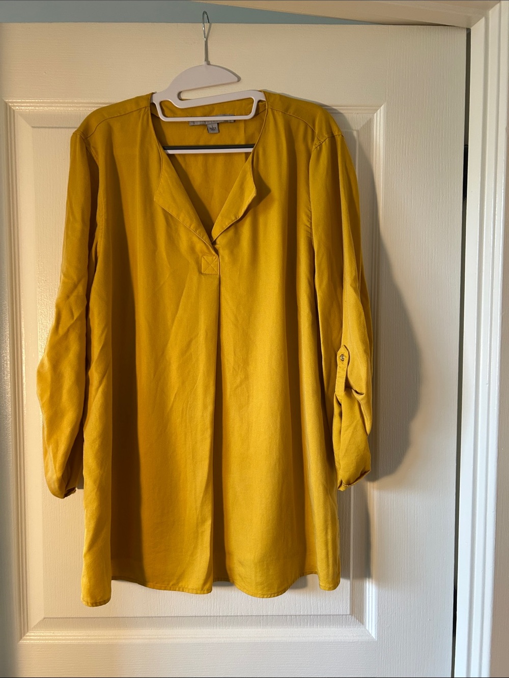 Women's Mustard Tunic Blouse with V-Neck and Roll-Tab Sleeves